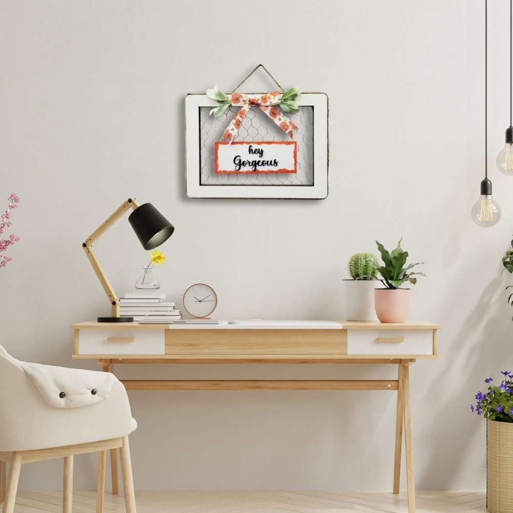 Hey Gorgeous 3D Wooden Wall Art With Iron Mesh, Artificial Flowers, and Ribbon Bow