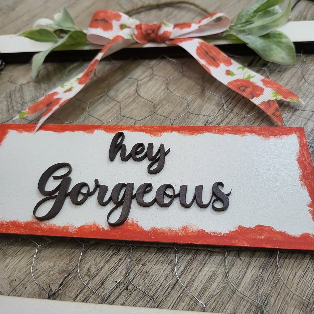Hey Gorgeous 3D Wooden Wall Art With Iron Mesh, Artificial Flowers, and Ribbon Bow