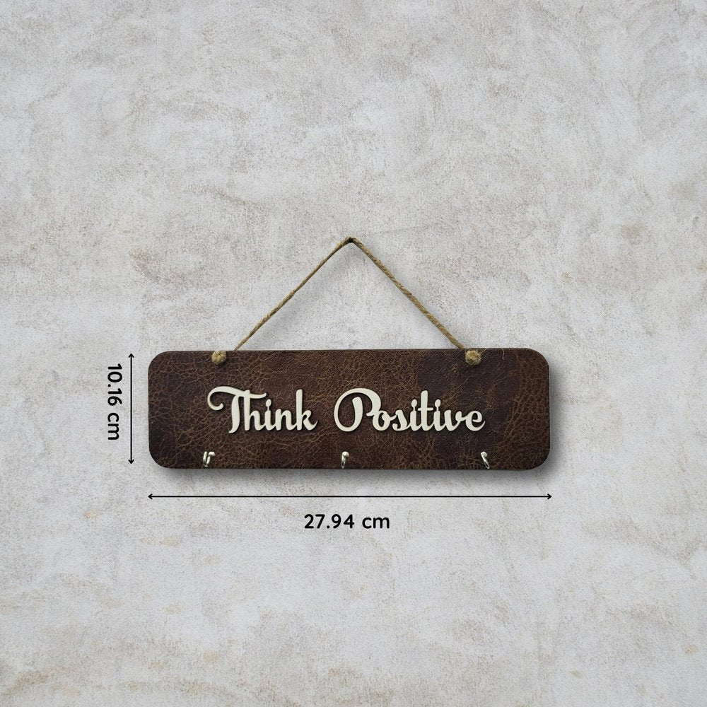 Leather Key Holder With Wooden Letters Quote, 3 Hooks & Jute Rope For Personalization