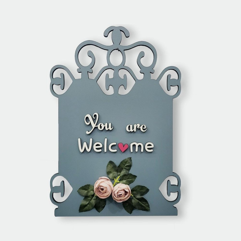 You Are Welcome Wooden Wall Hanging With Artificial Pink Roses and Leaves For Personalization