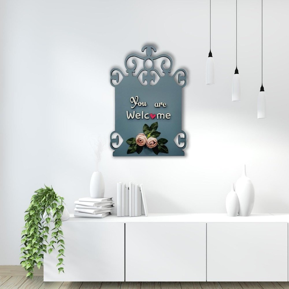 You Are Welcome Wooden Wall Hanging With Artificial Pink Roses and Leaves