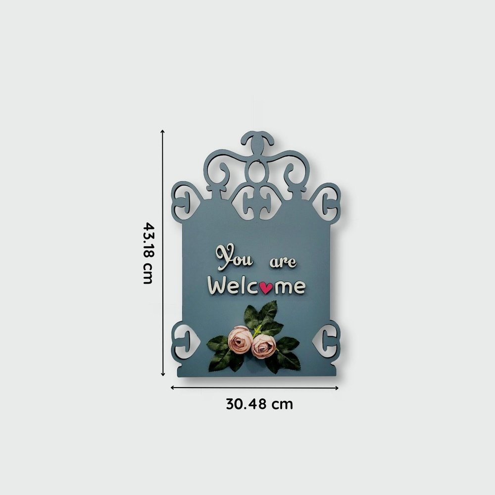 You Are Welcome Wooden Wall Hanging With Artificial Pink Roses and Leaves