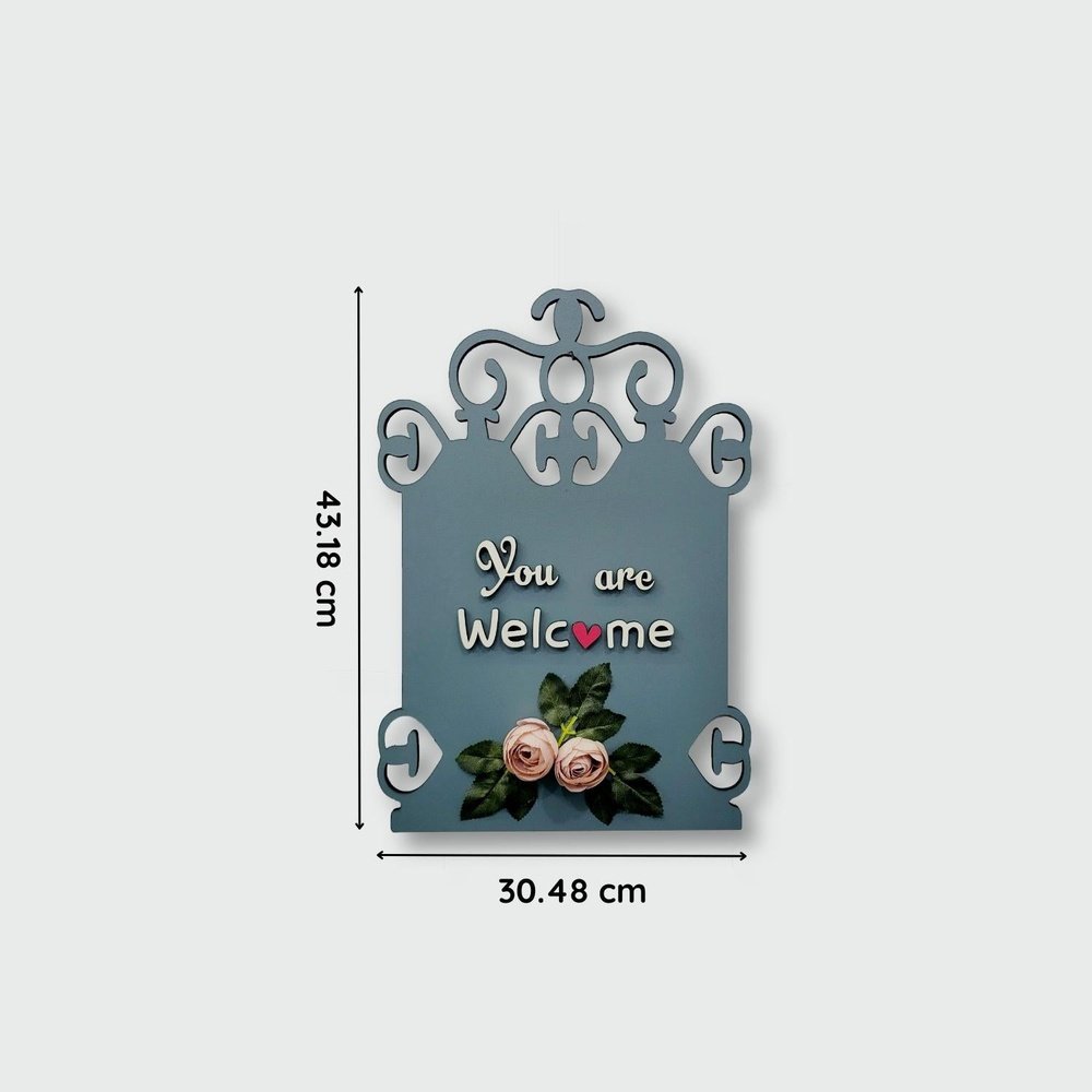 You Are Welcome Wooden Wall Hanging With Artificial Pink Roses and Leaves For Personalization