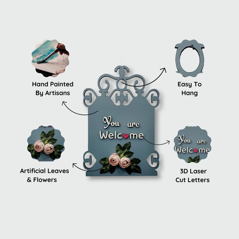 You Are Welcome Wooden Wall Hanging With Artificial Pink Roses and Leaves