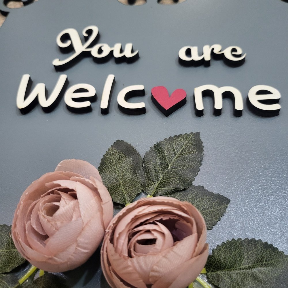 You Are Welcome Wooden Wall Hanging With Artificial Pink Roses and Leaves For Personalization