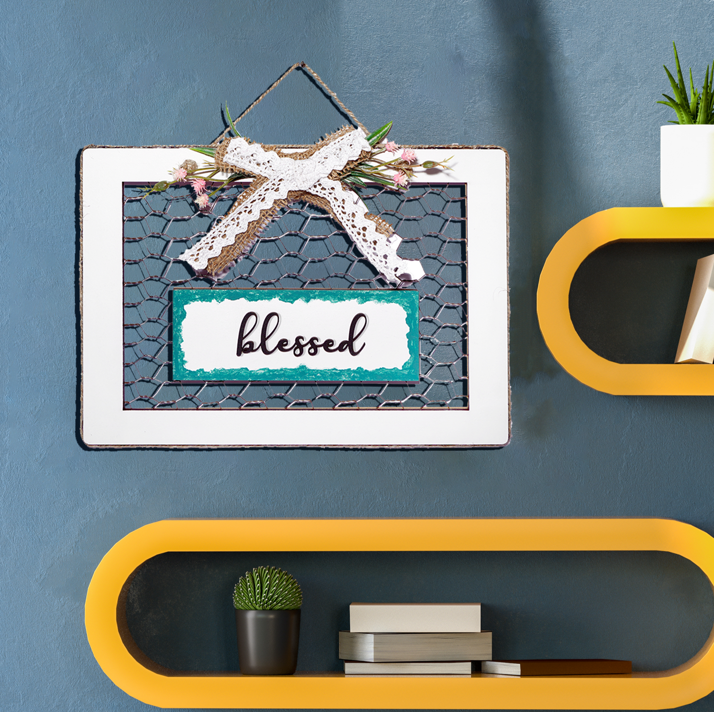 Blessed Knitted 3D Wooden Wall Art With Wire Mesh & Bow