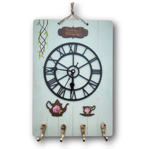 Vintage Wall Clock With 4 Key Holders Wooden Wall Décor