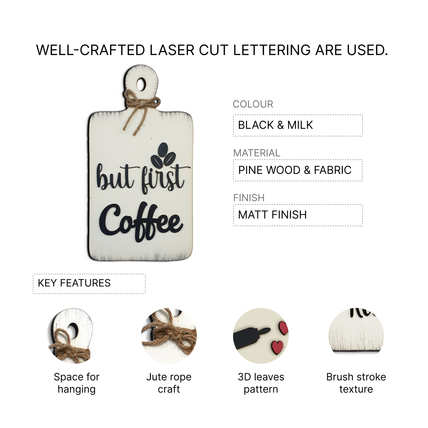 But First Coffee Quote Chop Board Wooden Wall Art for Kitchen, Café, and Restaurant