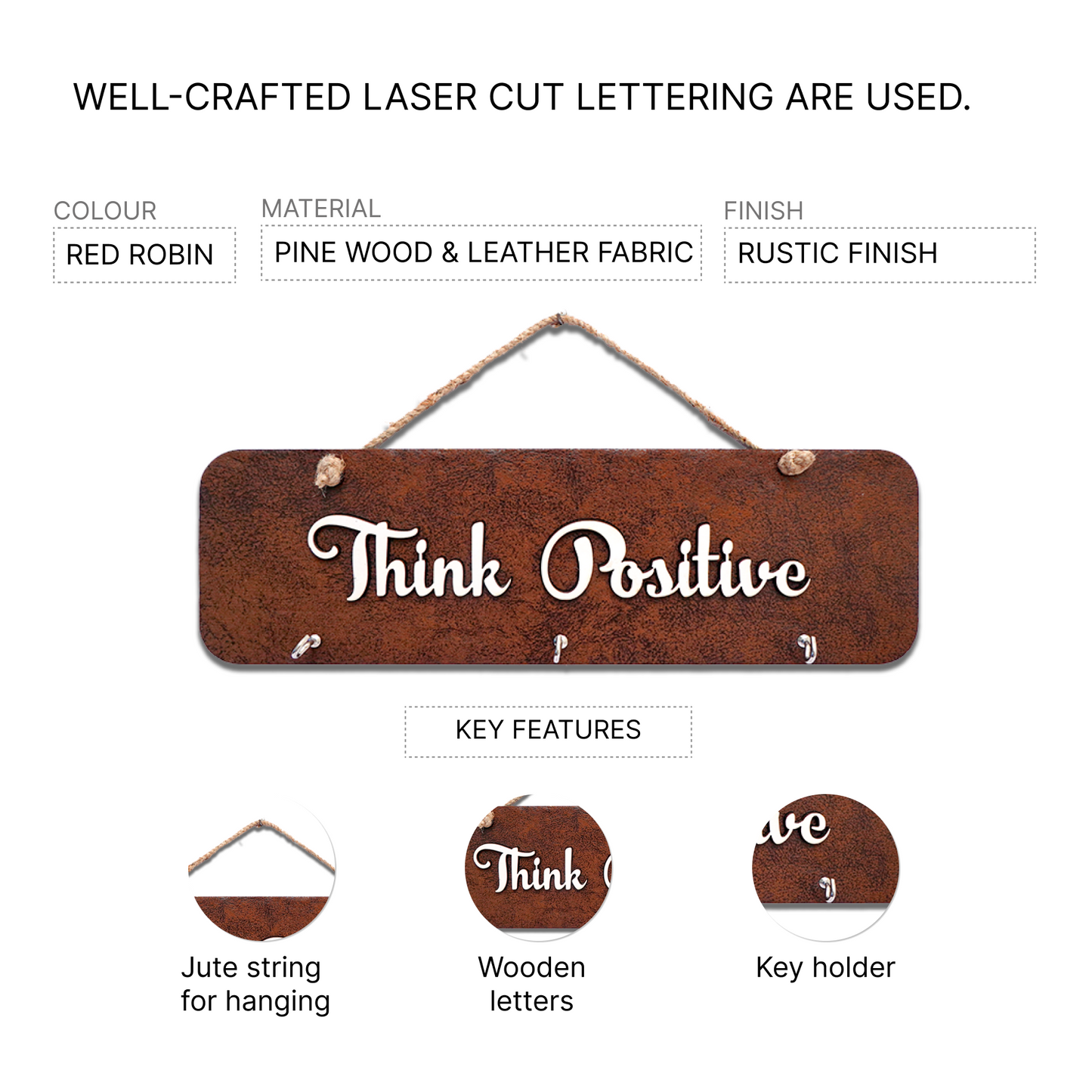 Think Positive Quote Leather Key Holder With 3 Hooks & Jute Rope