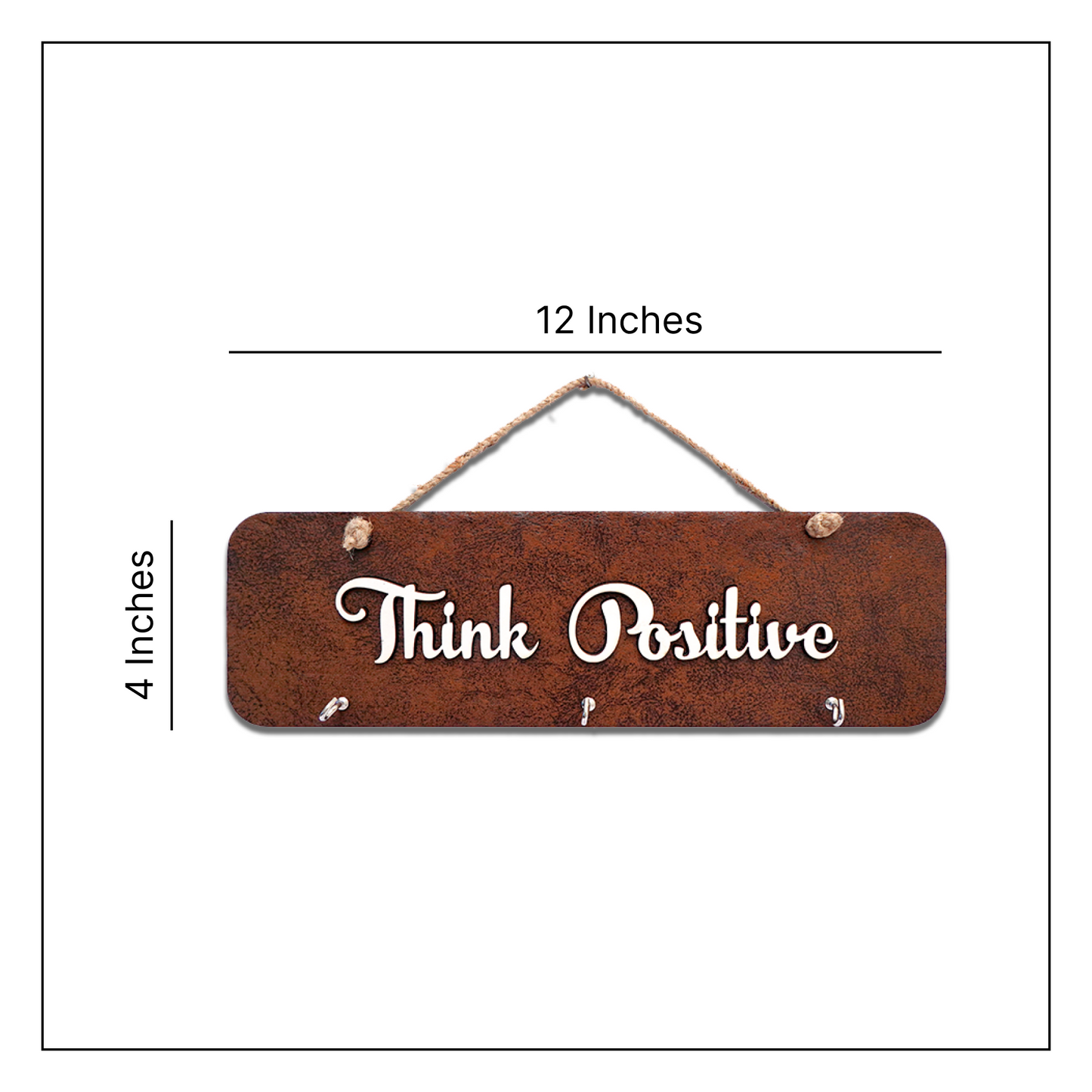 Think Positive Quote Leather Key Holder With 3 Hooks & Jute Rope