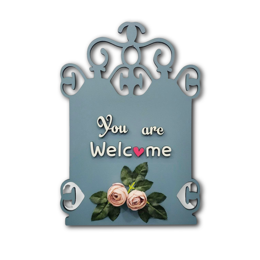 You Are Welcome Wooden Wall Hanging With Artificial Pink Roses and Leaves