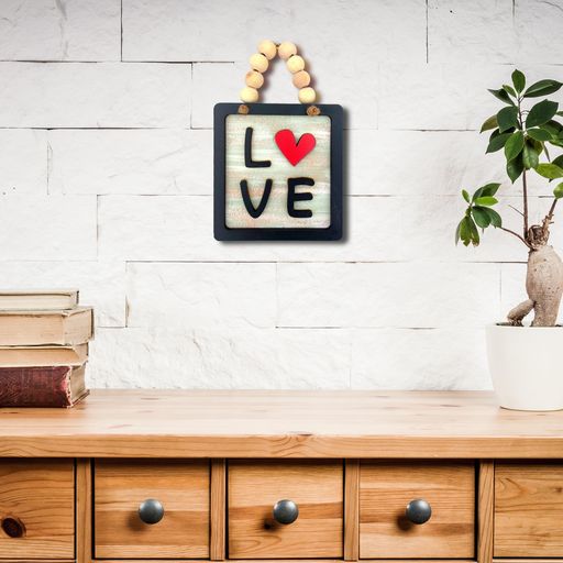 LOVE Square Wooden Wall Décor With Wooden Balls Hanging Rope
