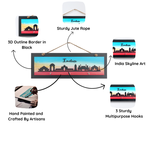 India Skyline Wooden Keyholder with 3 Hooks
