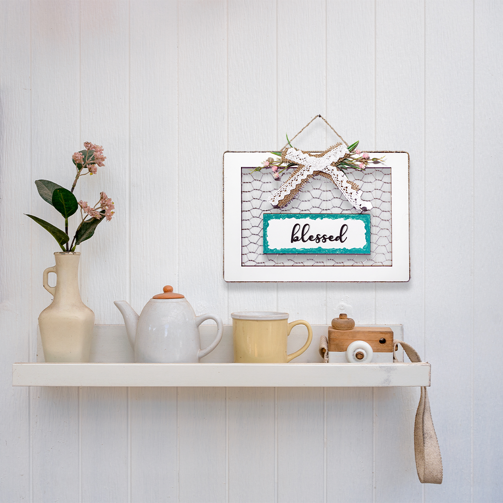 Blessed Knitted 3D Wooden Wall Art With Wire Mesh & Bow