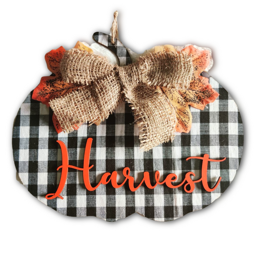 Harvest Pumpkin Theme Wooden Wall Art Styled With Jute Bow and Buffalo Print