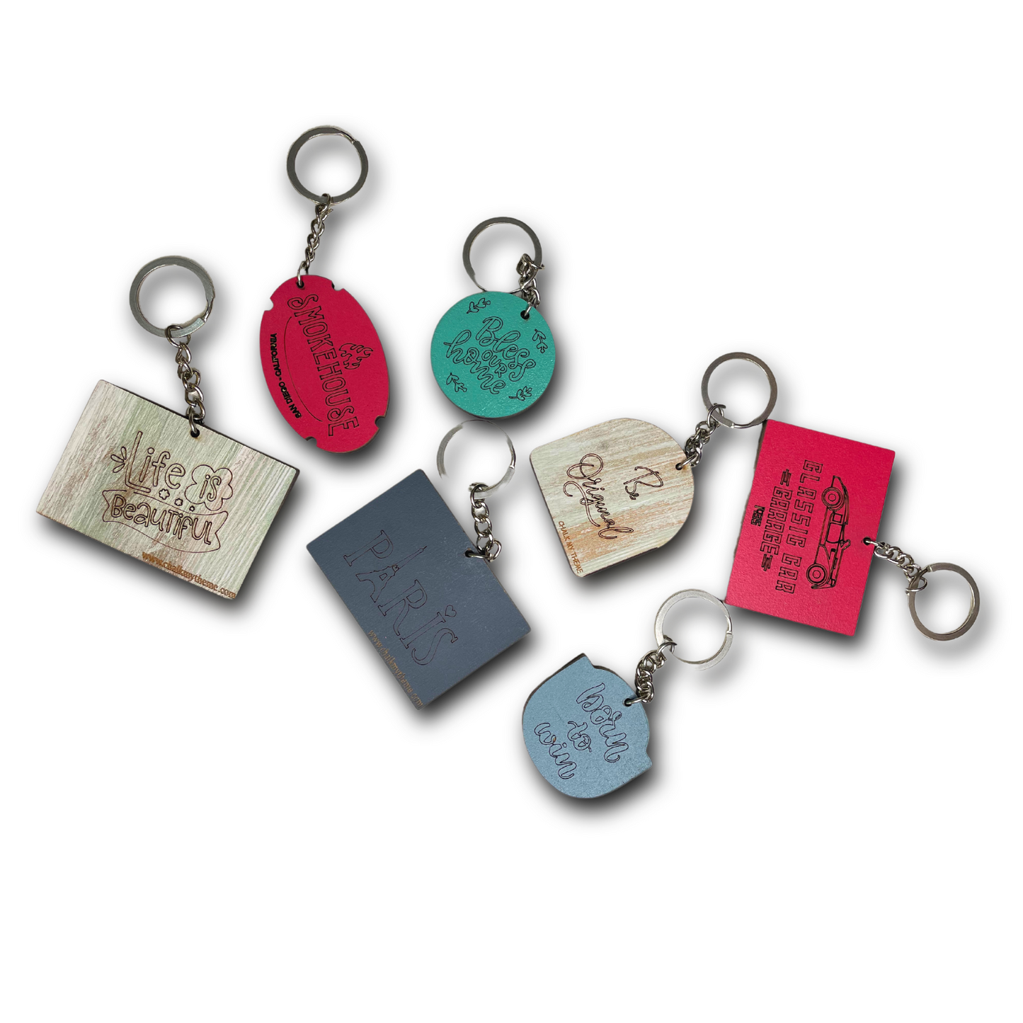 Motivational Quotes, Home, and Paris Word Engraved Wooden Keychains Pack of 6
