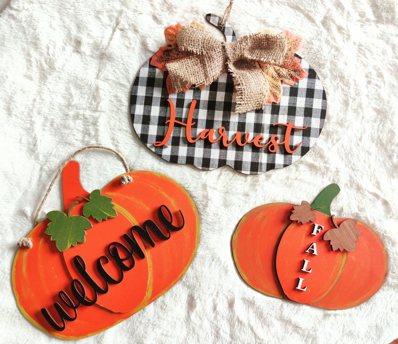 Fall, Harvest, and Welcome Pumpkin Theme Wooden Wall Art Set of 3