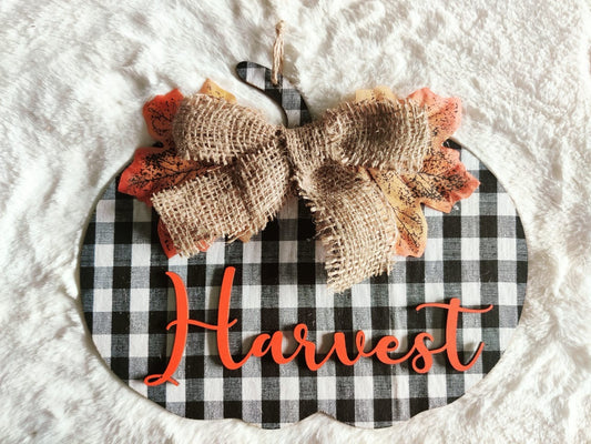 Harvest Pumpkin Theme Wooden Wall Art Styled With Jute Bow and Buffalo Print
