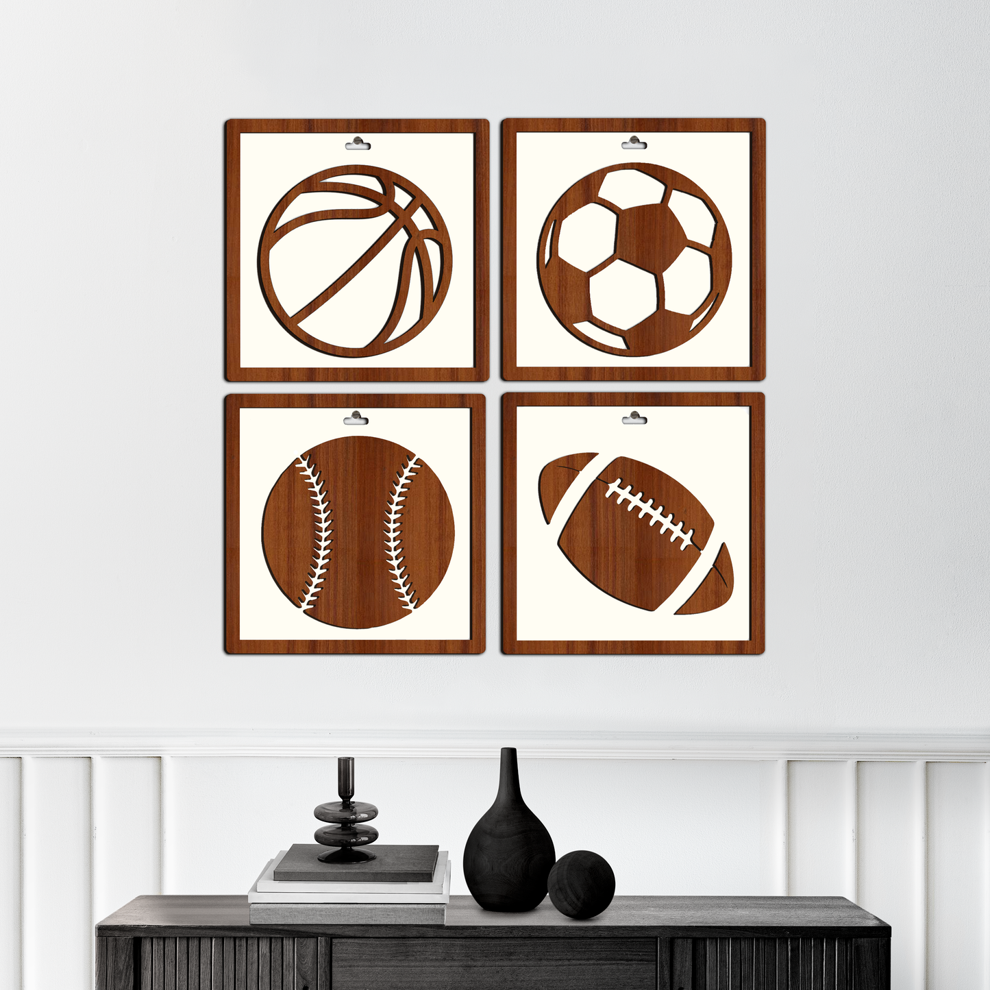 Set Of 4 Basketball, Baseball, Soccer, American Football, Framed Wooden Wall Art