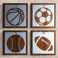 Set Of 4 Basketball, Baseball, Soccer, American Football, Framed Wooden Wall Art