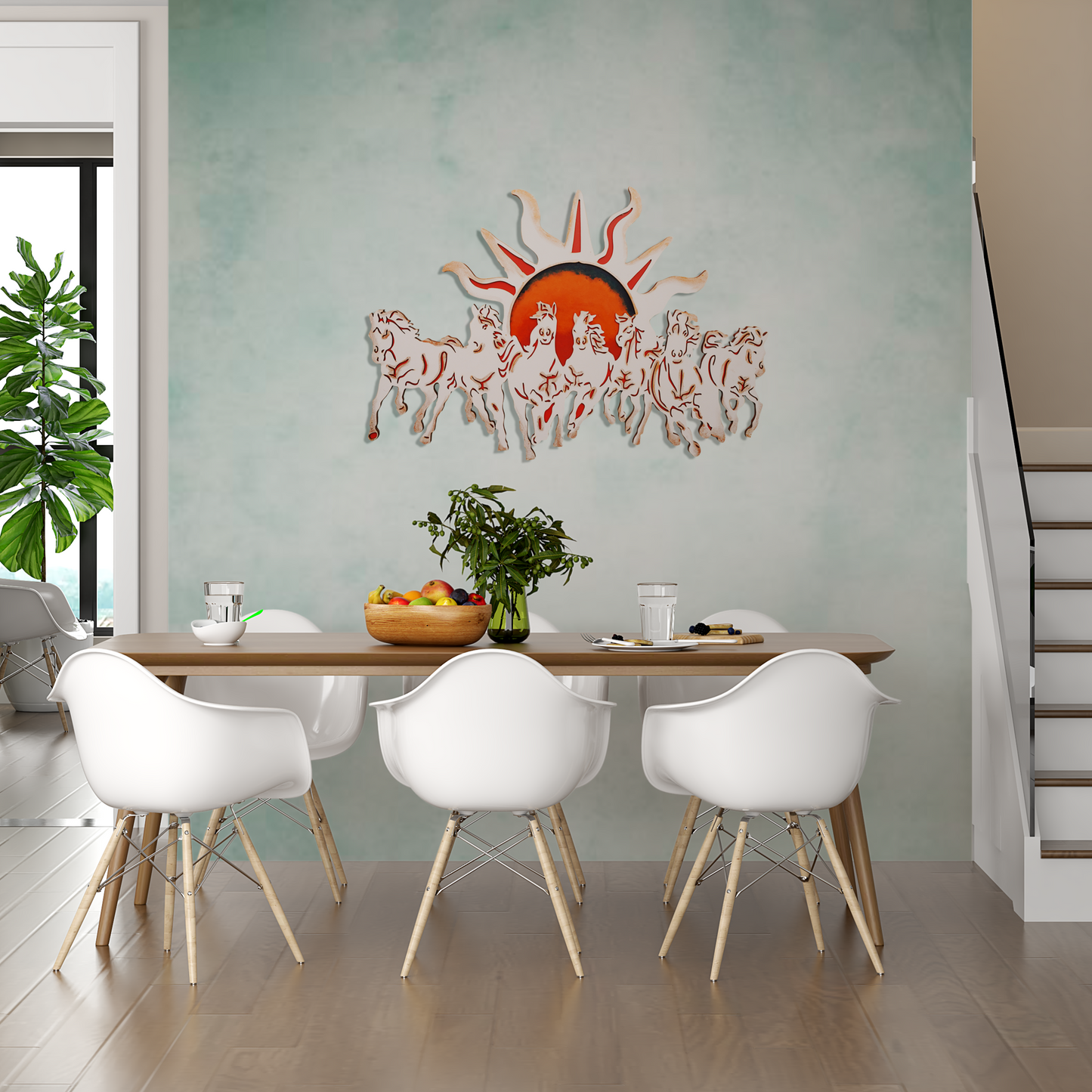 7 Horses With Rising Sun Vaastu Wall Art in Ivory and Orange