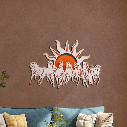 7 Horses With Rising Sun Vaastu Wall Art in Ivory and Orange