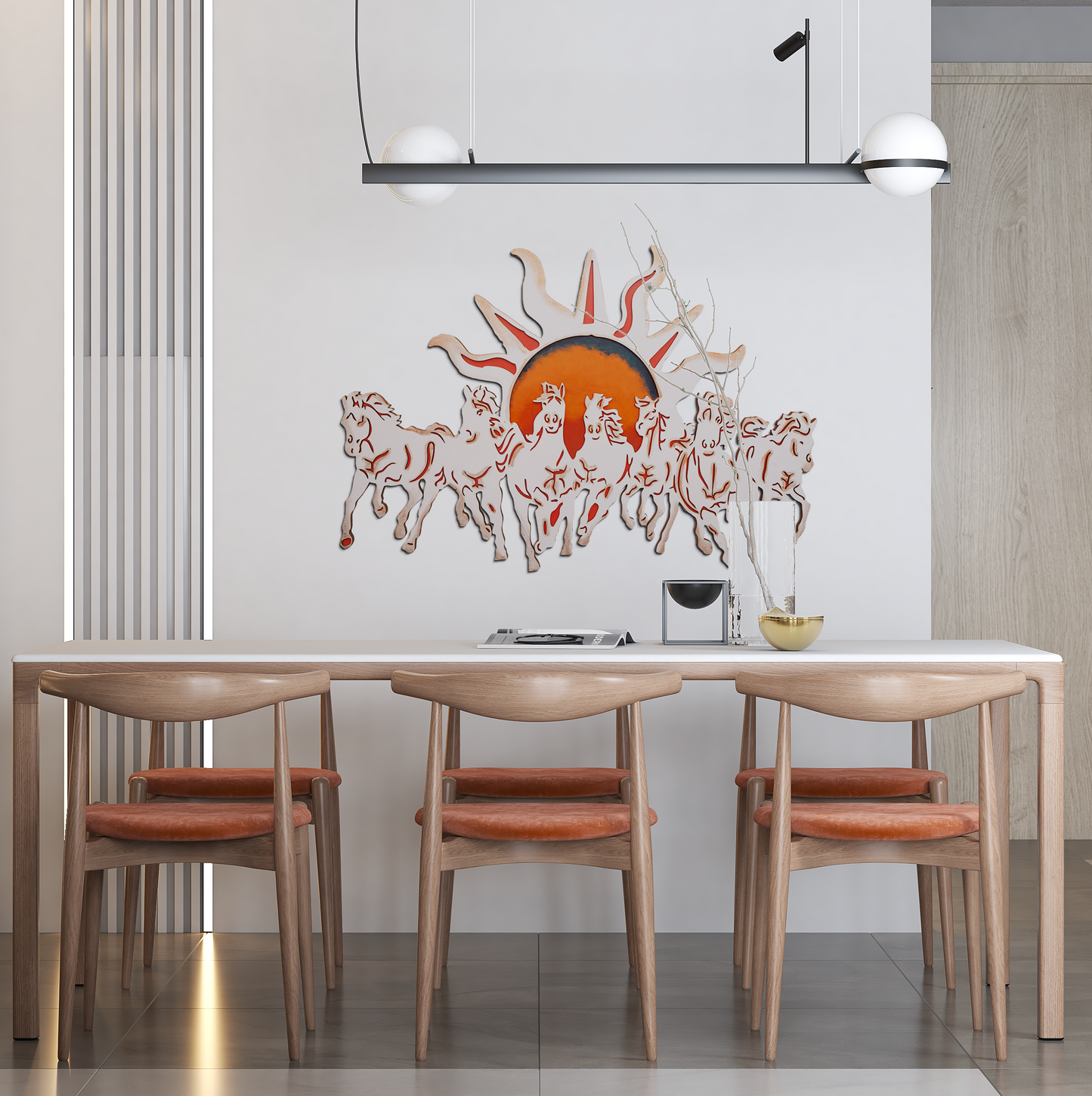 7 Horses With Rising Sun Vaastu Wall Art in Ivory and Orange