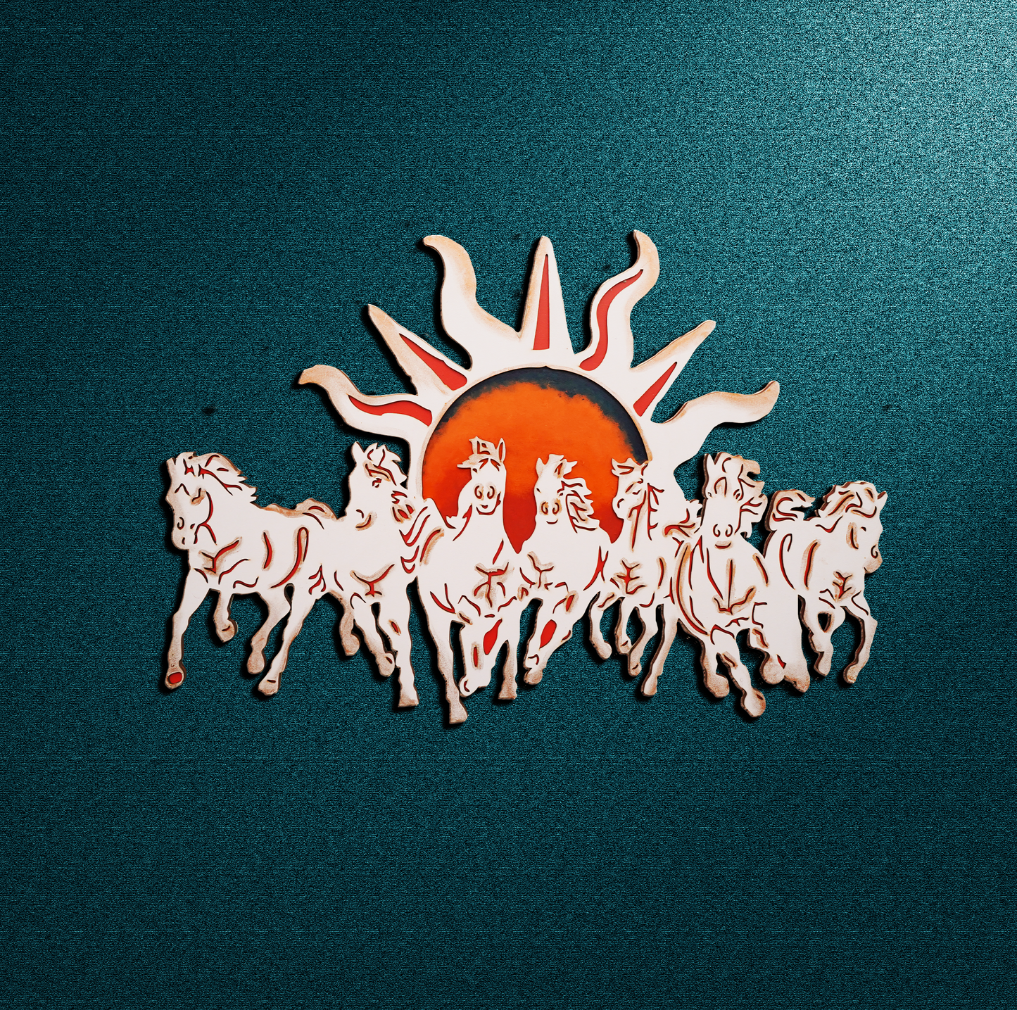 7 Horses With Rising Sun Vaastu Wall Art in Ivory and Orange