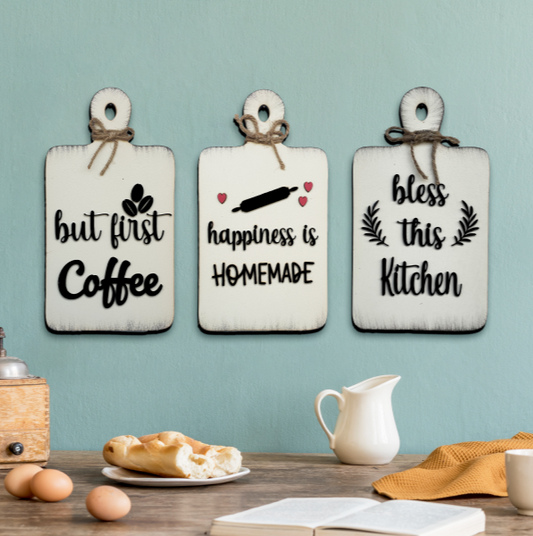 Set of 3 Quote Chop Board Wooden Wall Art for Kitchen, Café, and Restaurant