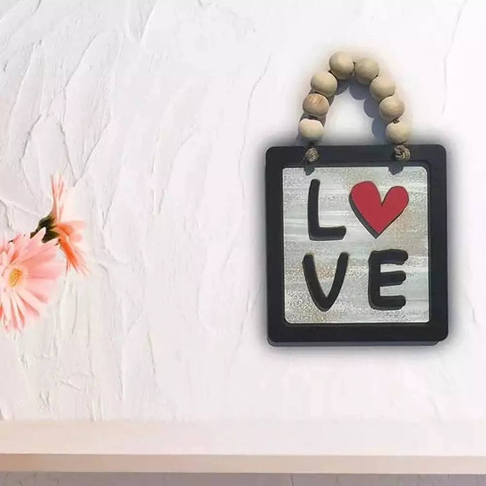 LOVE Square Wall Décor With Wooden Balls Hanging Rope