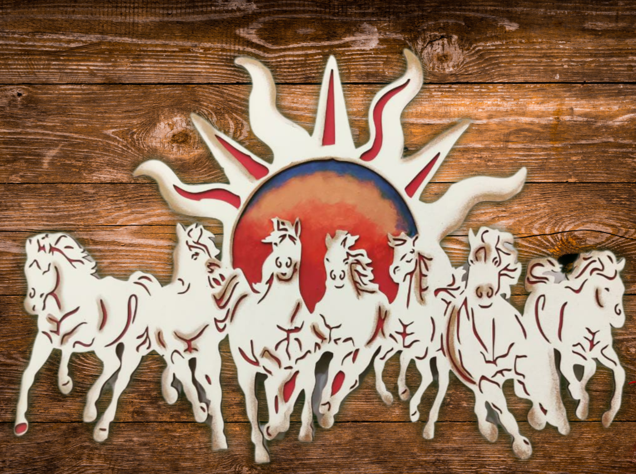 7 Horses With Rising Sun Vaastu Wall Art in Ivory and Orange